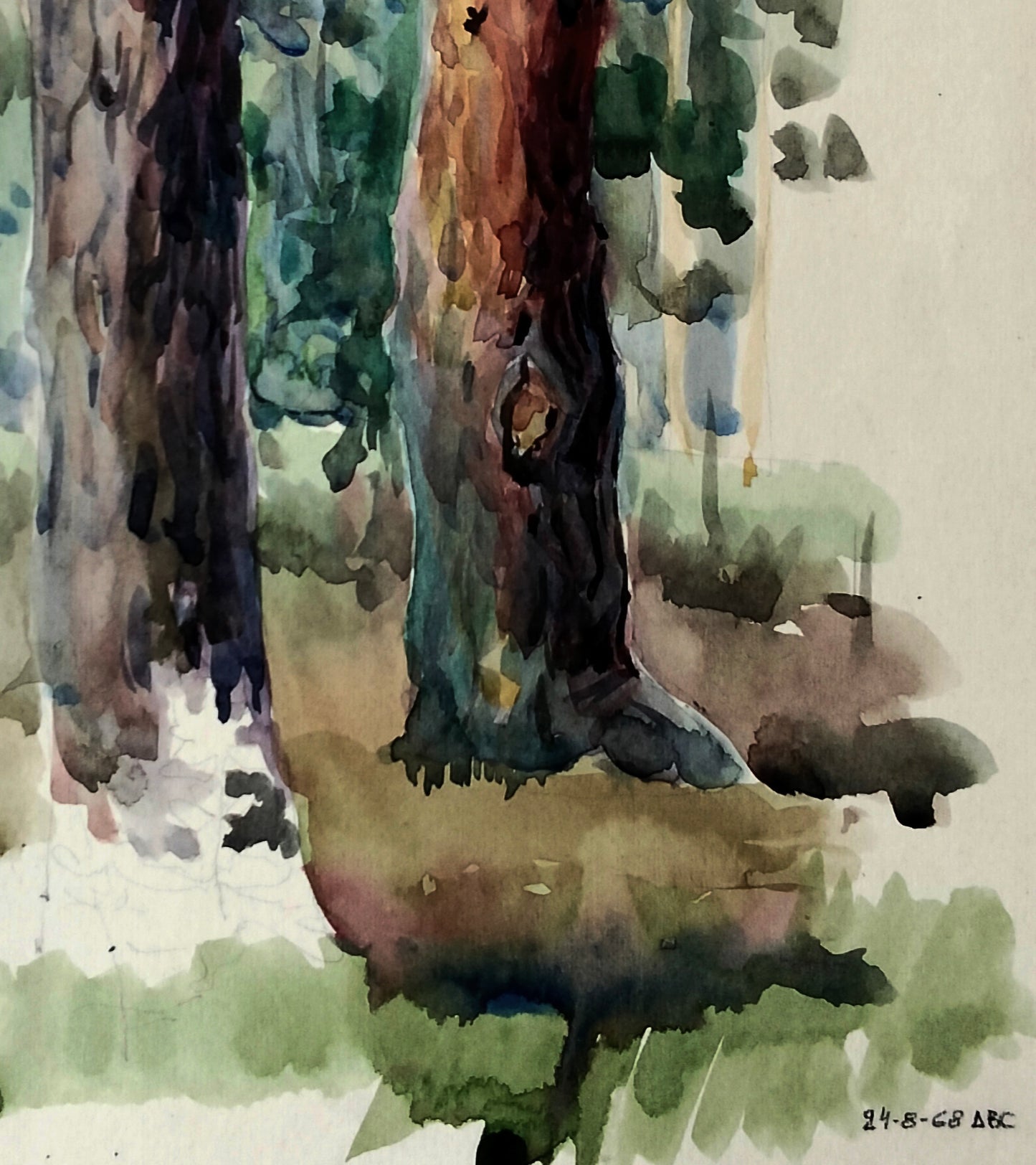 Watercolor painting The keeper of green stories by Vitaly Duhnevich tree trunks