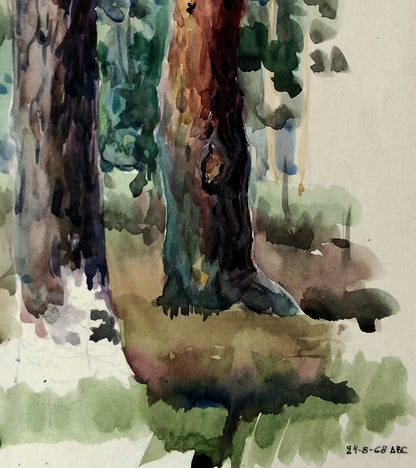 Watercolor painting The keeper of green stories by Vitaly Duhnevich tree trunks