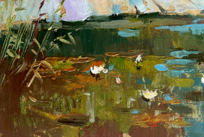 Vibrant impressionist oil painting of lily pond by Yuriy Suprunchuk