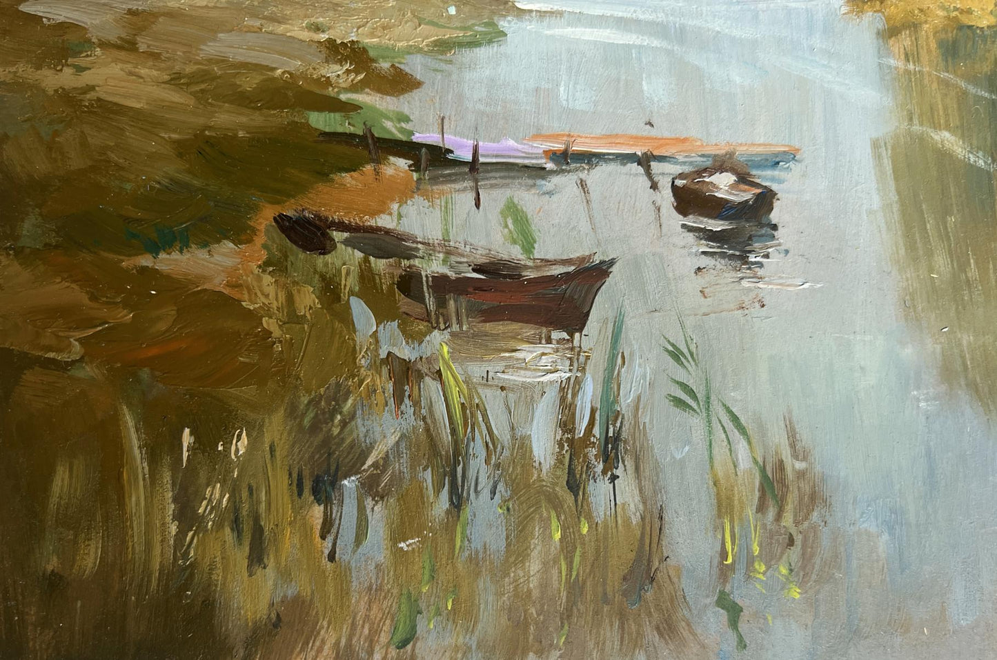 Oil painting of ferry on long river by Yuriy Suprunchuk