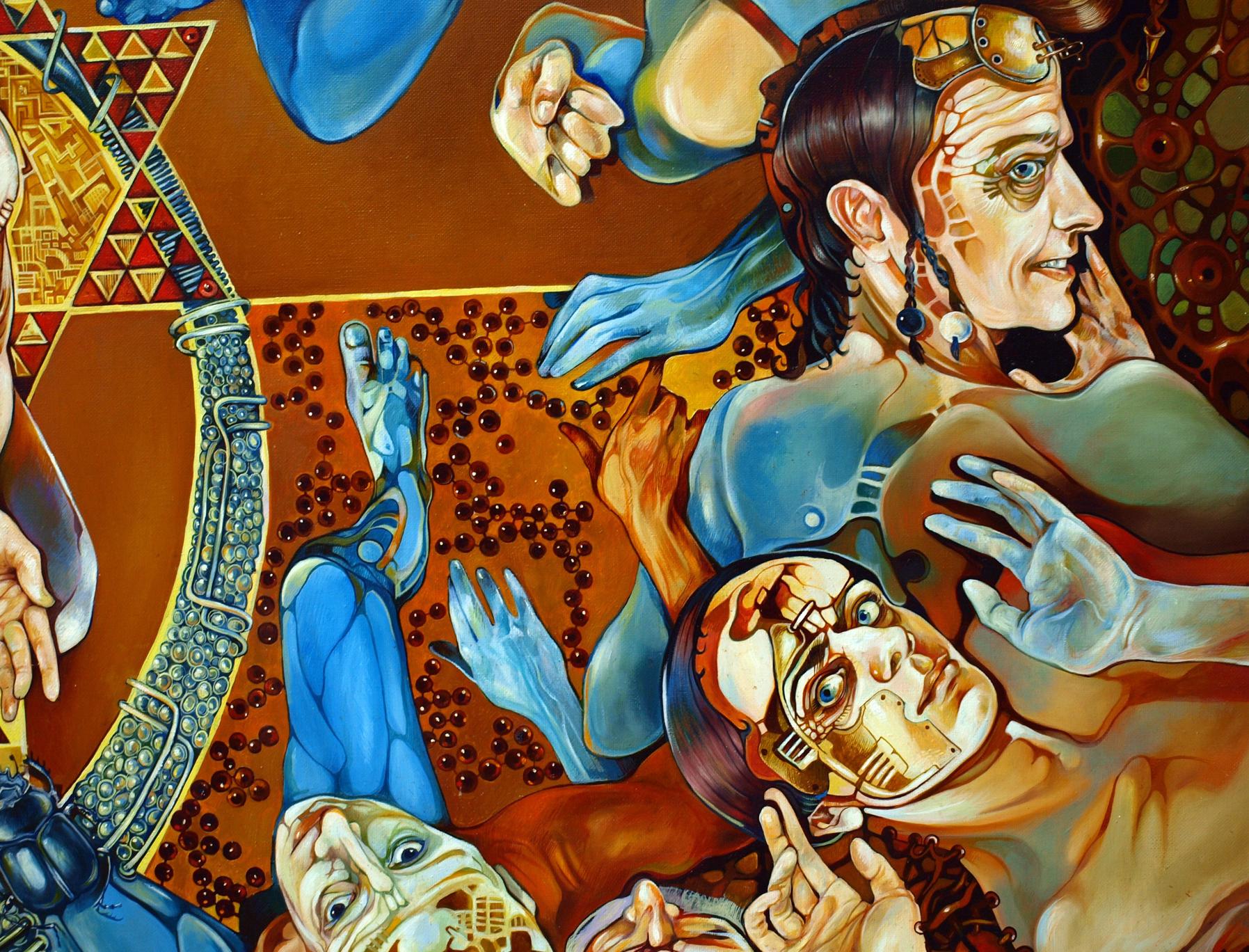 Surreal oil painting Creation in Act II Konsta G. Amelinn with blue-skinned cyborg figure