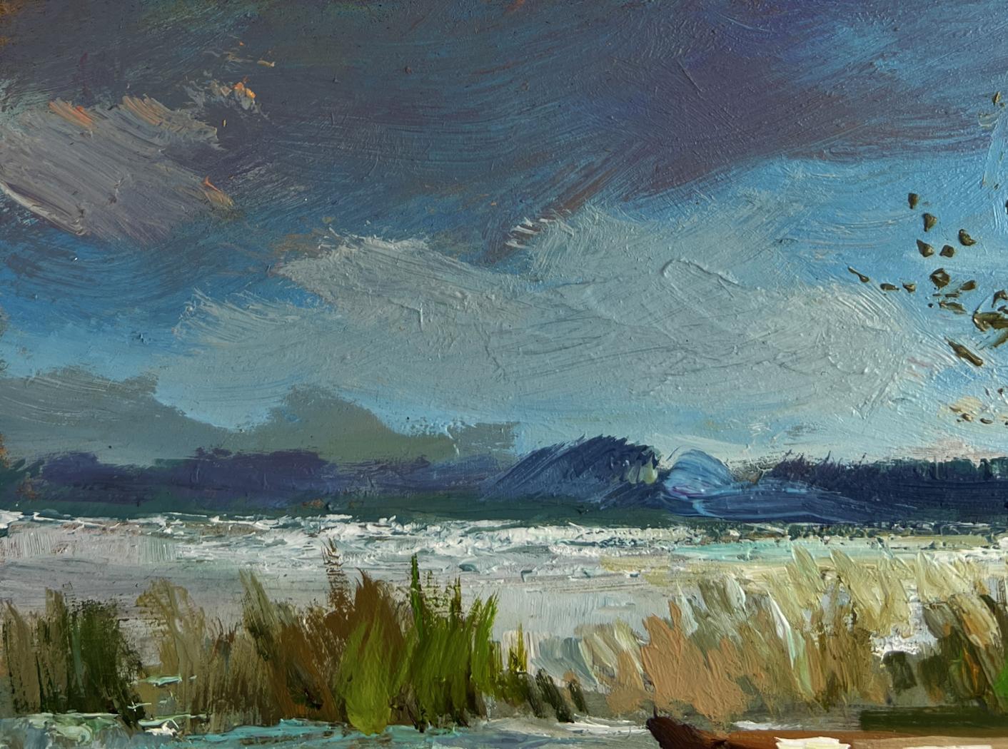 Oil painting by Yuriy Suprunchuk: boats moored on shore with stormy coastal scene