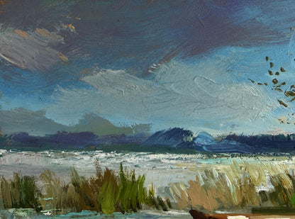 Oil painting by Yuriy Suprunchuk: boats moored on shore with stormy coastal scene