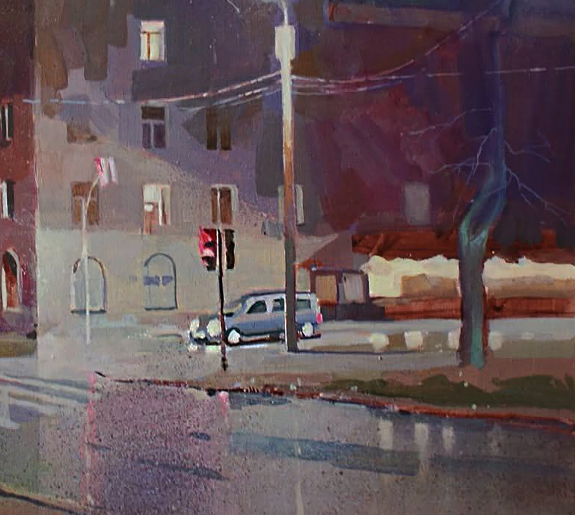Oil painting Rain at the Crossroads by Anastasia Yaroshevich: muted blue car on wet street at dusk