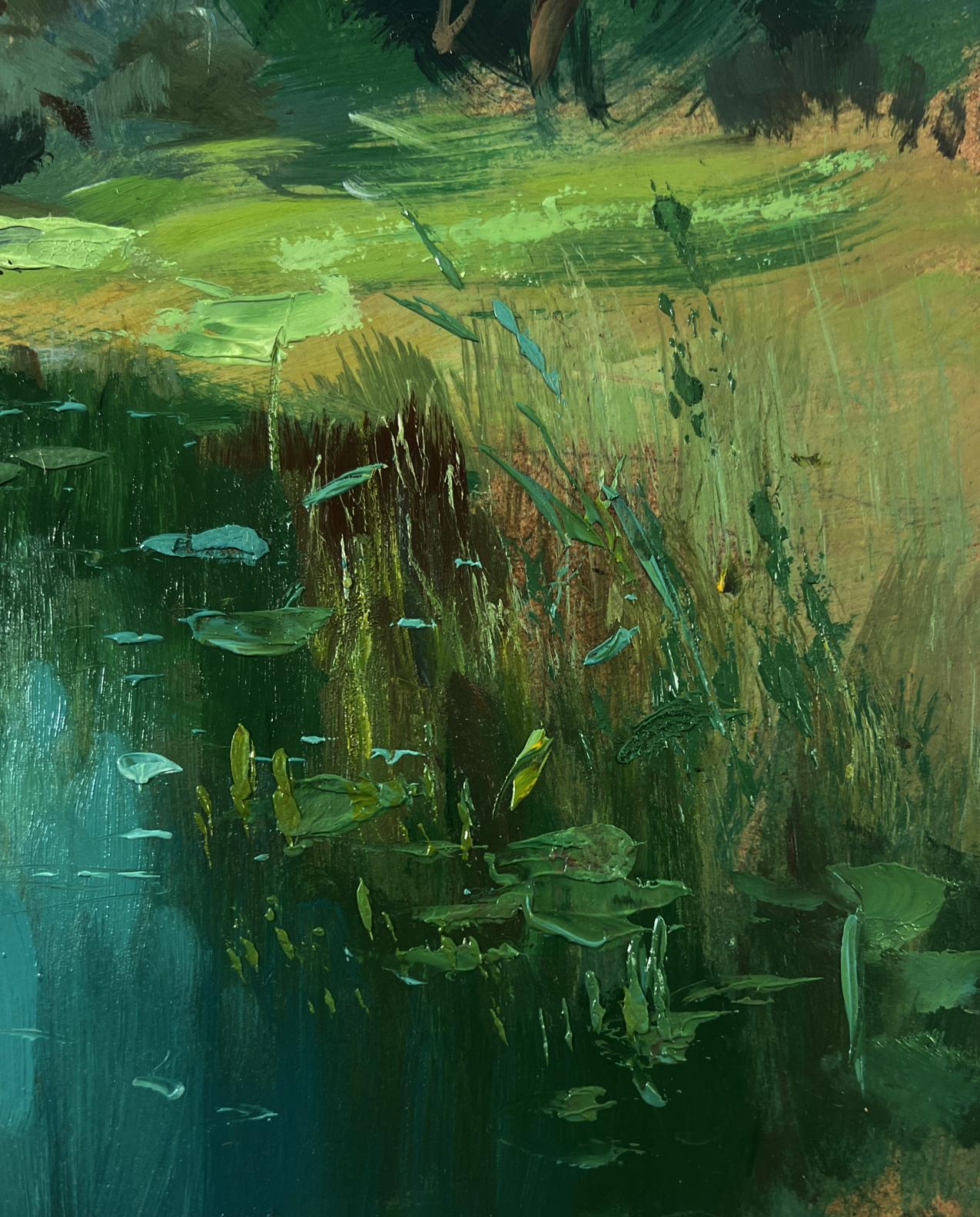 Textured impressionistic oil painting of pond with lily pads by Yuriy Suprunchuk