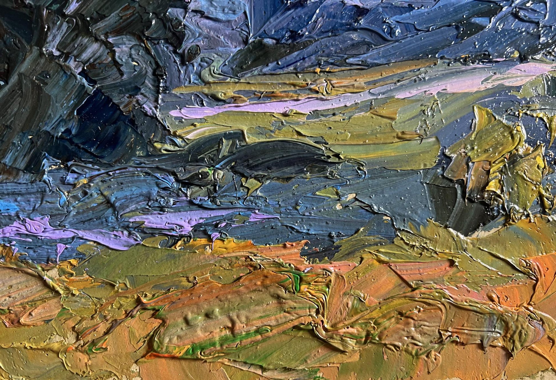 Oil painting Further away from the city by Boris Serdyuk, impasto blues and oranges