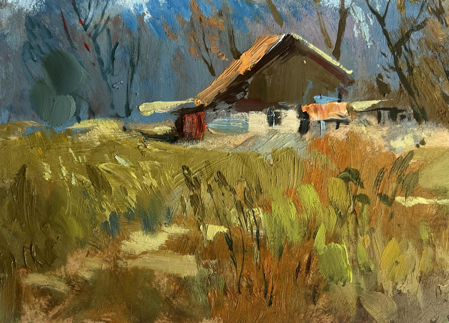 Oil painting Im going back home by Yuriy Suprunchuk: rustic cabin in golden autumn field