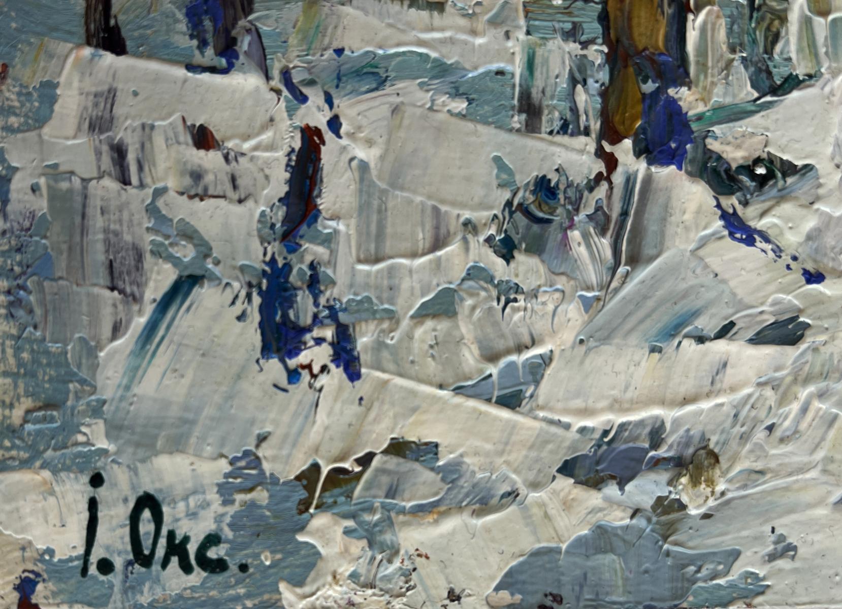 Oil painting of children making snowman in snowy landscape by Oksana Ivanyuk
