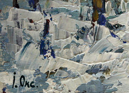 Oil painting of children making snowman in snowy landscape by Oksana Ivanyuk