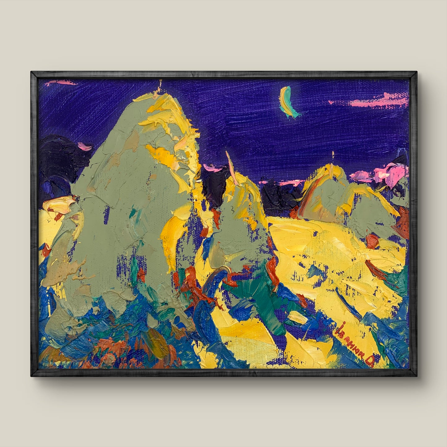 Oil painting Moonlit night by Alex Ivanyuk: vibrant yellow green mountains, purple sky, pink clouds in black frame