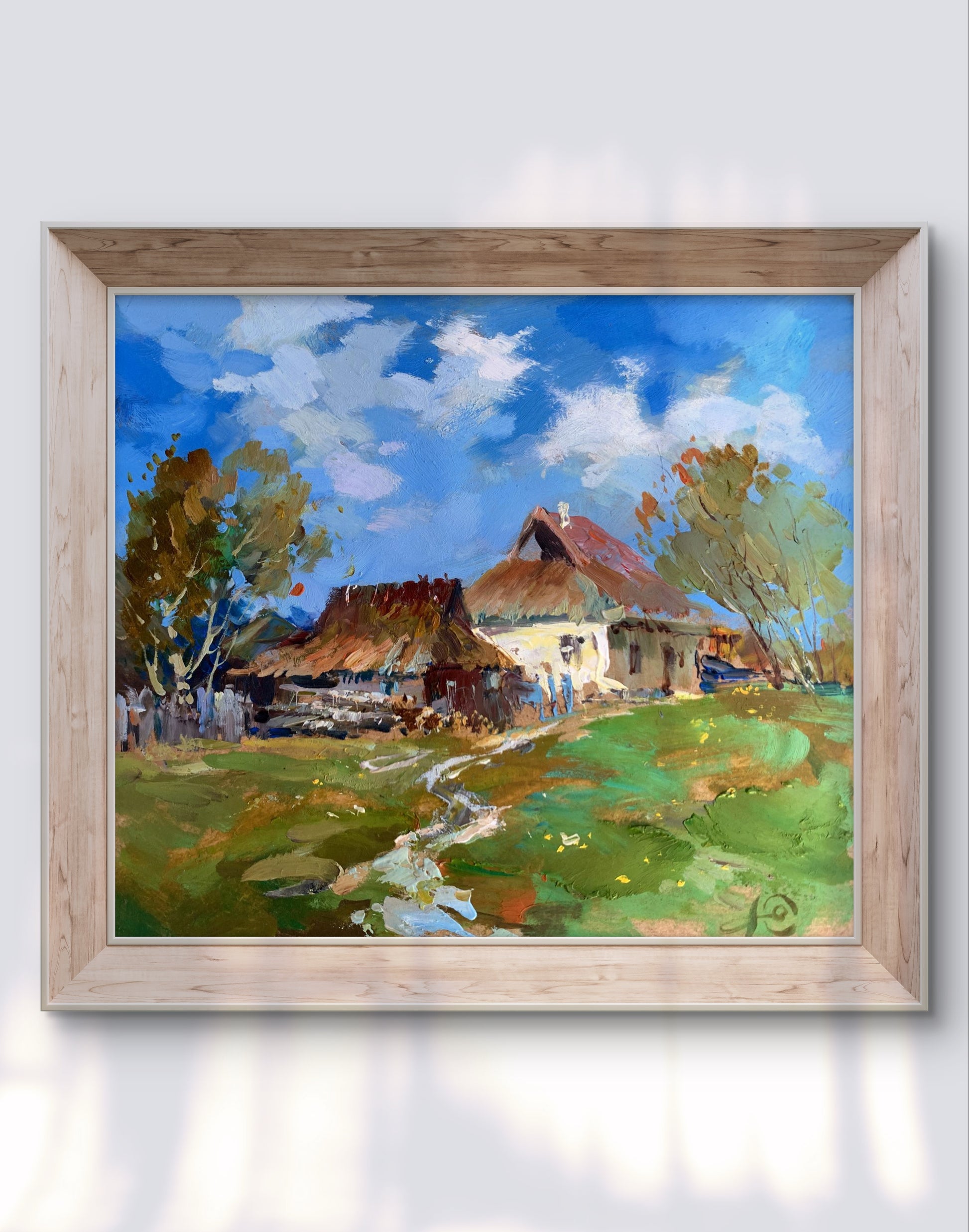 Oil painting Village tranquility by Yuriy Suprunchuk in light wood frame