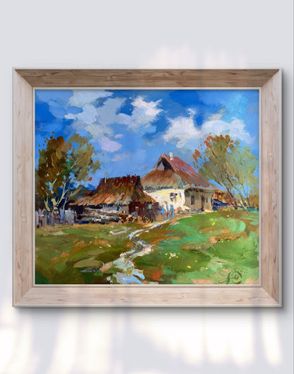 Oil painting Village tranquility by Yuriy Suprunchuk in light wood frame