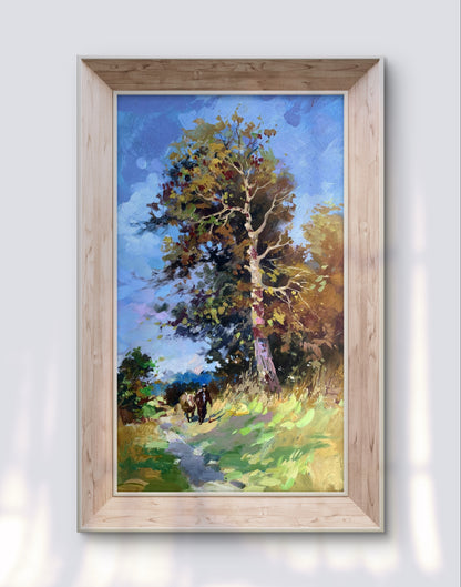Framed oil painting Returning Home by Yuriy Suprunchuk with autumn tree