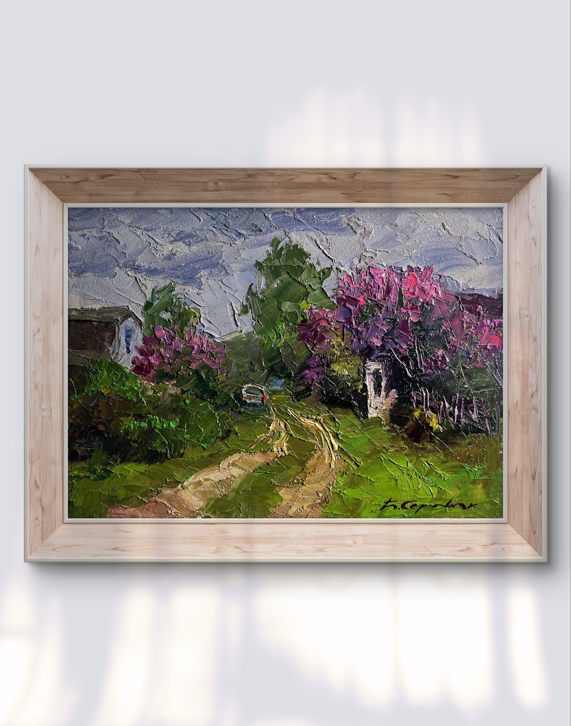 Oil painting Lilac growing in the village by Boris Serdyuk, purple trees and fields