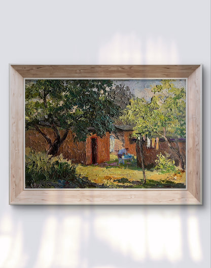 Oil painting Summer holidays in the village by Boris Serdyuk, sunlit garden scene
