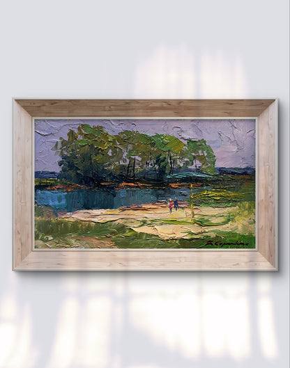 Oil painting On the golden shore by Boris Serdyuk with green trees and river