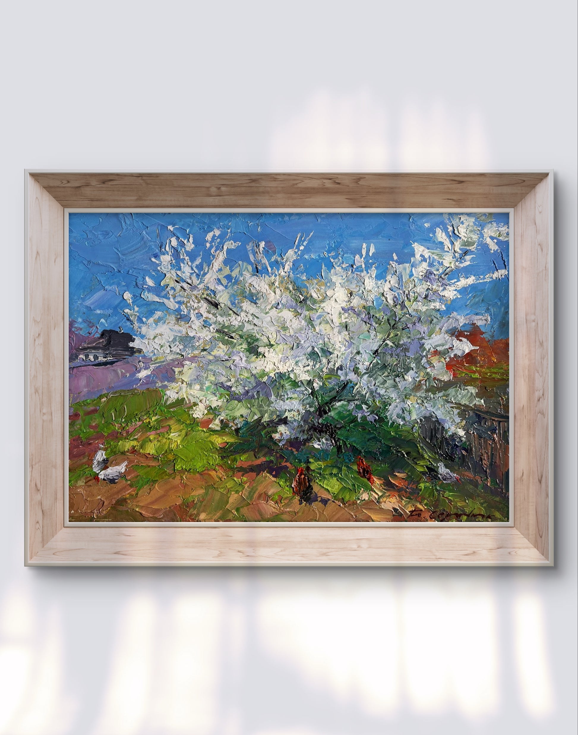 Framed oil painting of Boris Serdyuk flowering tree and chickens