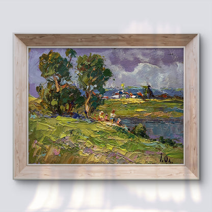 Rustic Oleksiy Ivanyuk oil painting of lush green fields and village