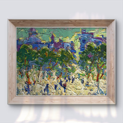 Oil painting Morning city life by Oleksiy Ivanyuk in wood frame