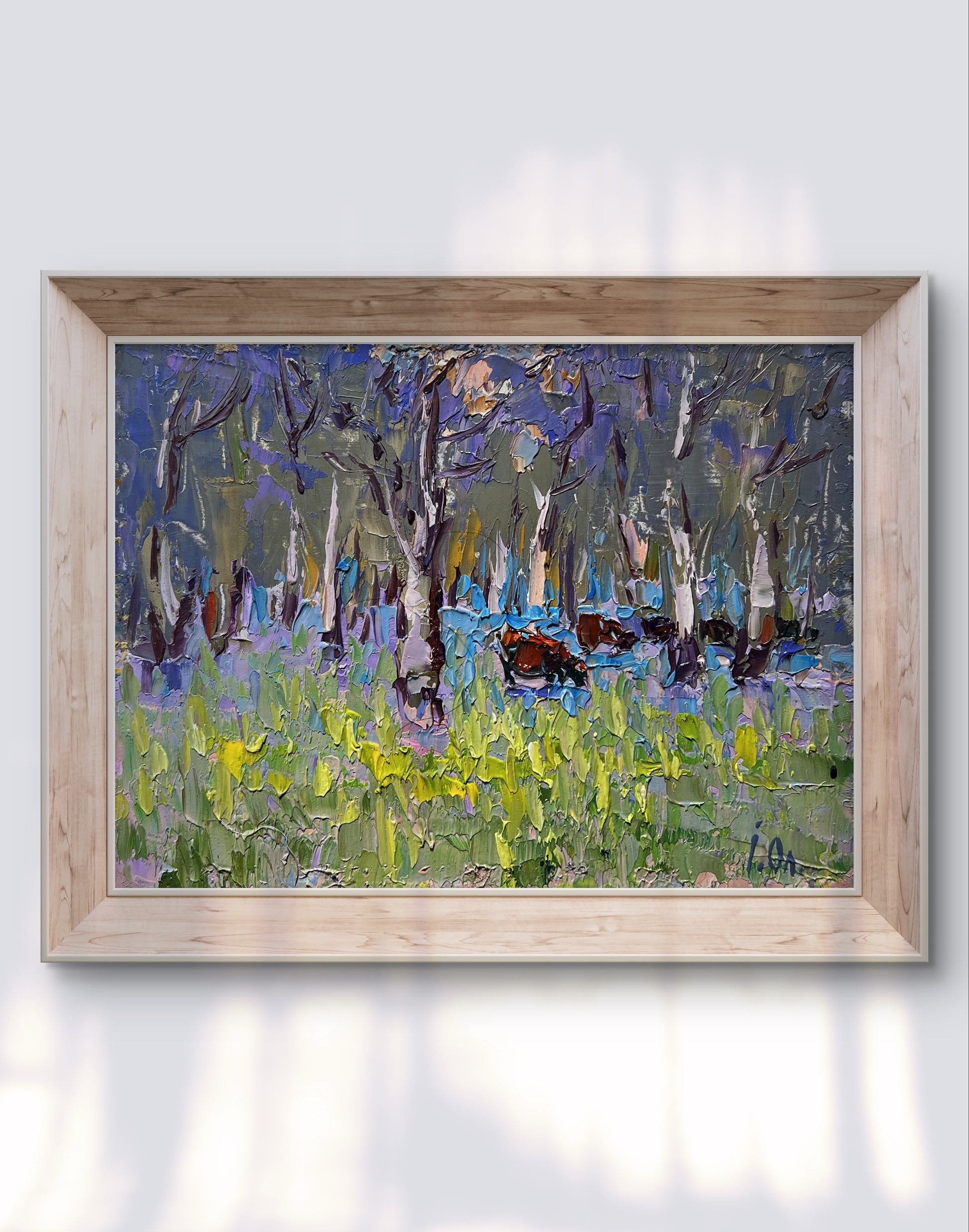 Framed impressionist oil painting of early spring meadows in bloom by Oleksiy Ivanyuk