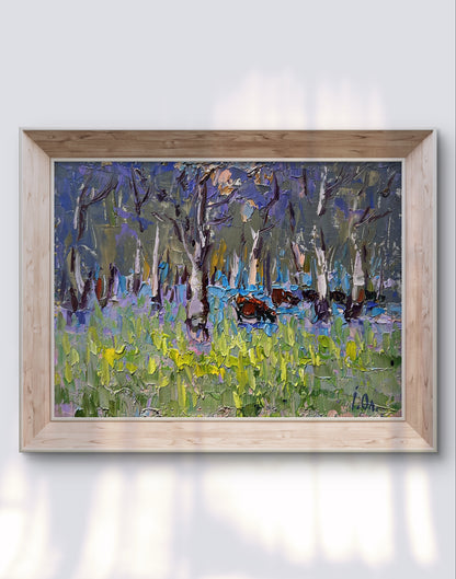 Framed impressionist oil painting of early spring meadows in bloom by Oleksiy Ivanyuk
