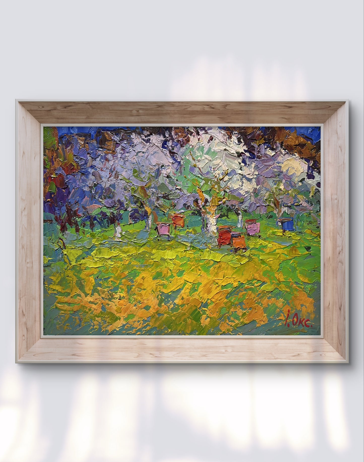 Oil painting Spring apiary by Oksana Ivanyuk in light wood frame