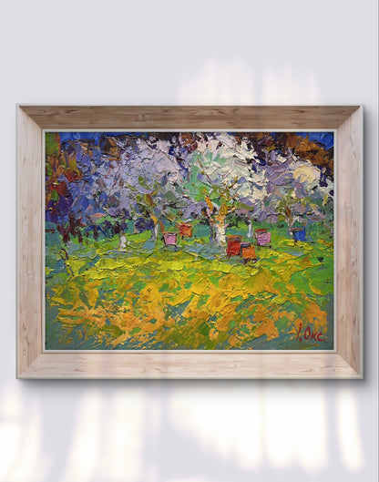 Oil painting Spring apiary by Oksana Ivanyuk in light wood frame