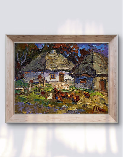 Oil painting Chickens in the yard by Oksana Ivanyuk village scene