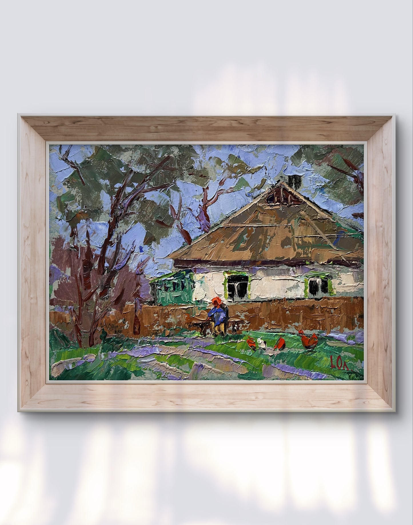 Oil painting by Oleksiy Ivanyuk of grandma on bench in countryside scene