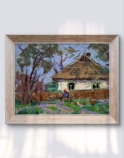 Oil painting by Oleksiy Ivanyuk of grandma on bench in countryside scene