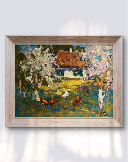 Oil painting Flowering trees in the garden by Oksana Ivanyuk, cozy countryside scene