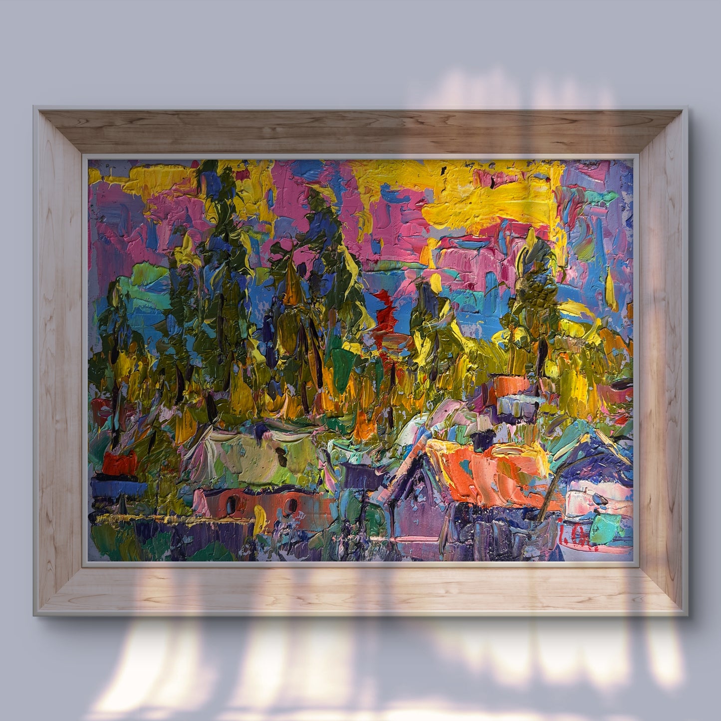Vibrant impressionist oil painting Yellow rays of sunset by Oleksiy Ivanyuk in wood frame