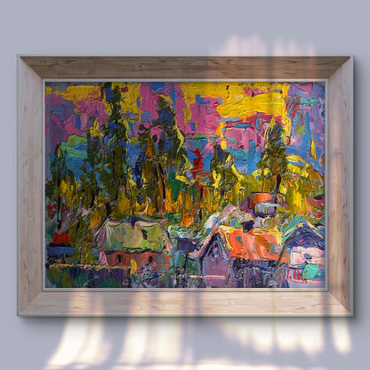 Vibrant impressionist oil painting Yellow rays of sunset by Oleksiy Ivanyuk in wood frame