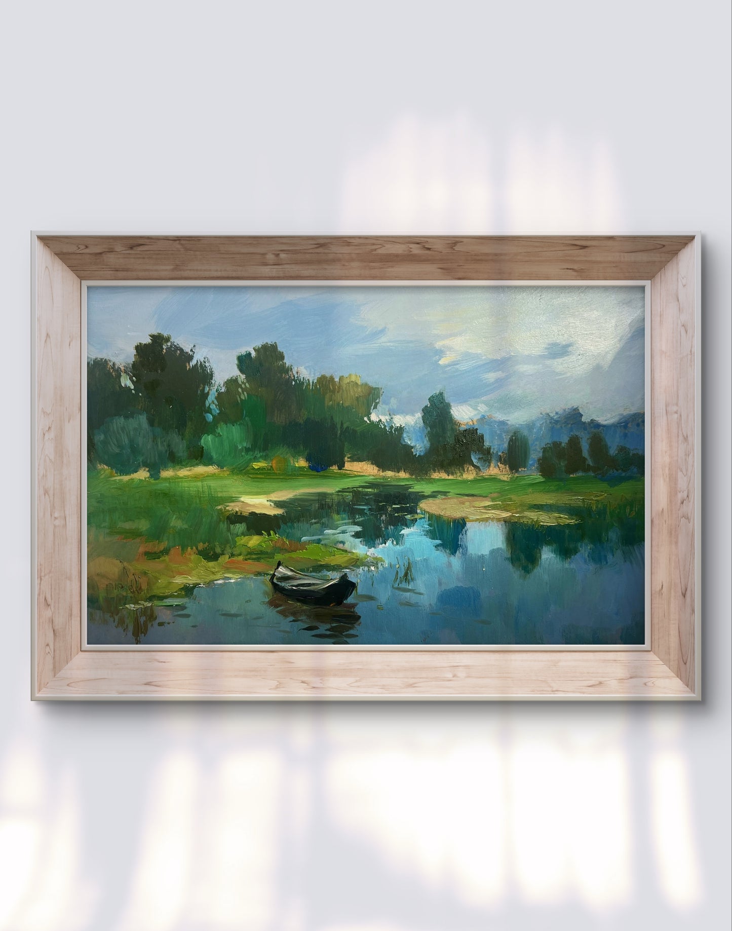 Oil painting Warm weather for fishing by Yuriy Suprunchuk in light wood frame