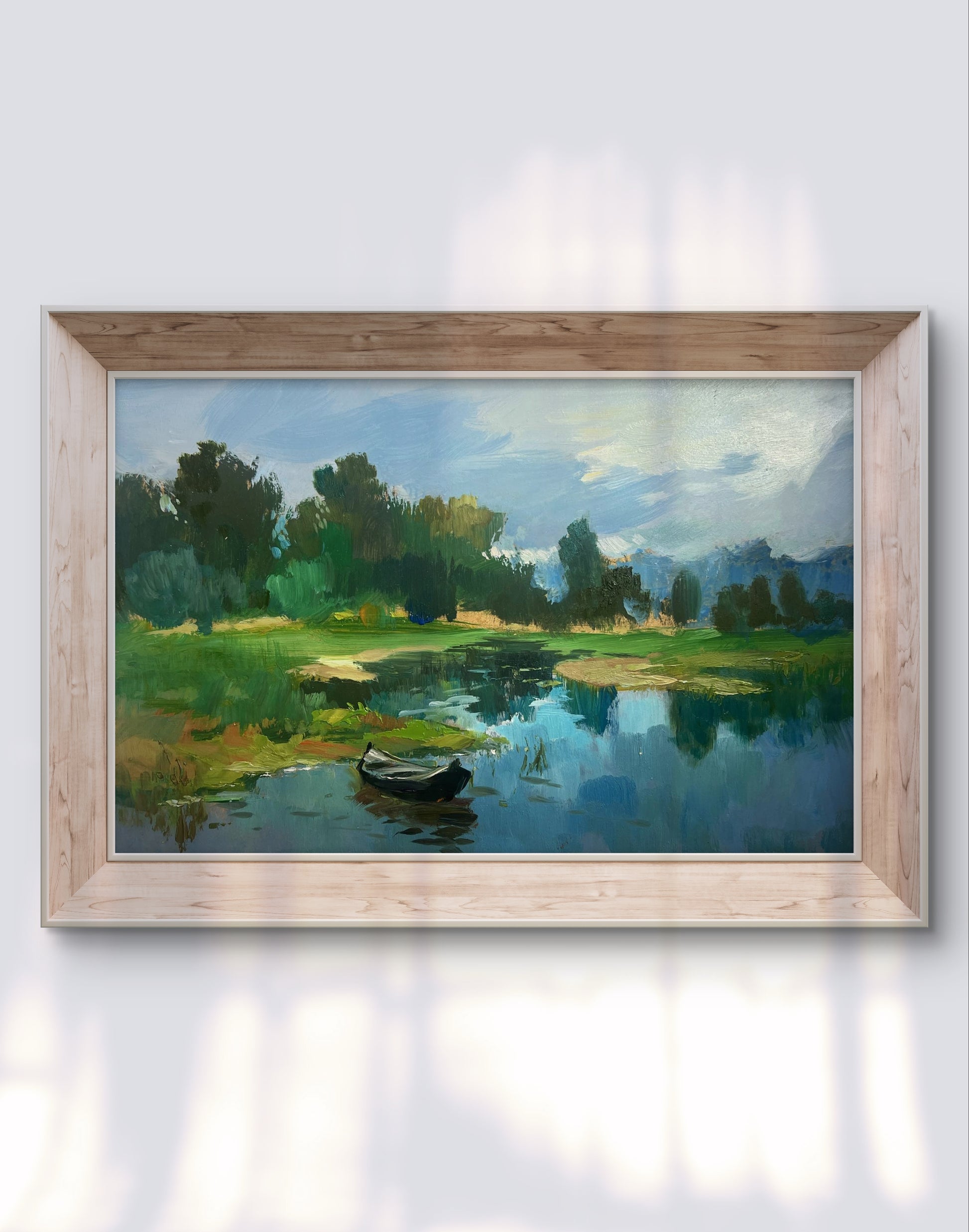 Oil painting Warm weather for fishing by Yuriy Suprunchuk in light wood frame