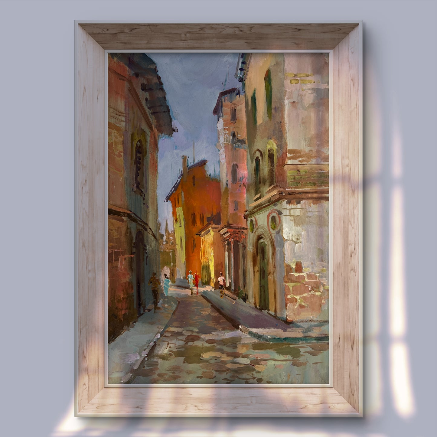 Oil painting Street of old memories by Yuriy Suprunchuk, sunlit cobblestone alley