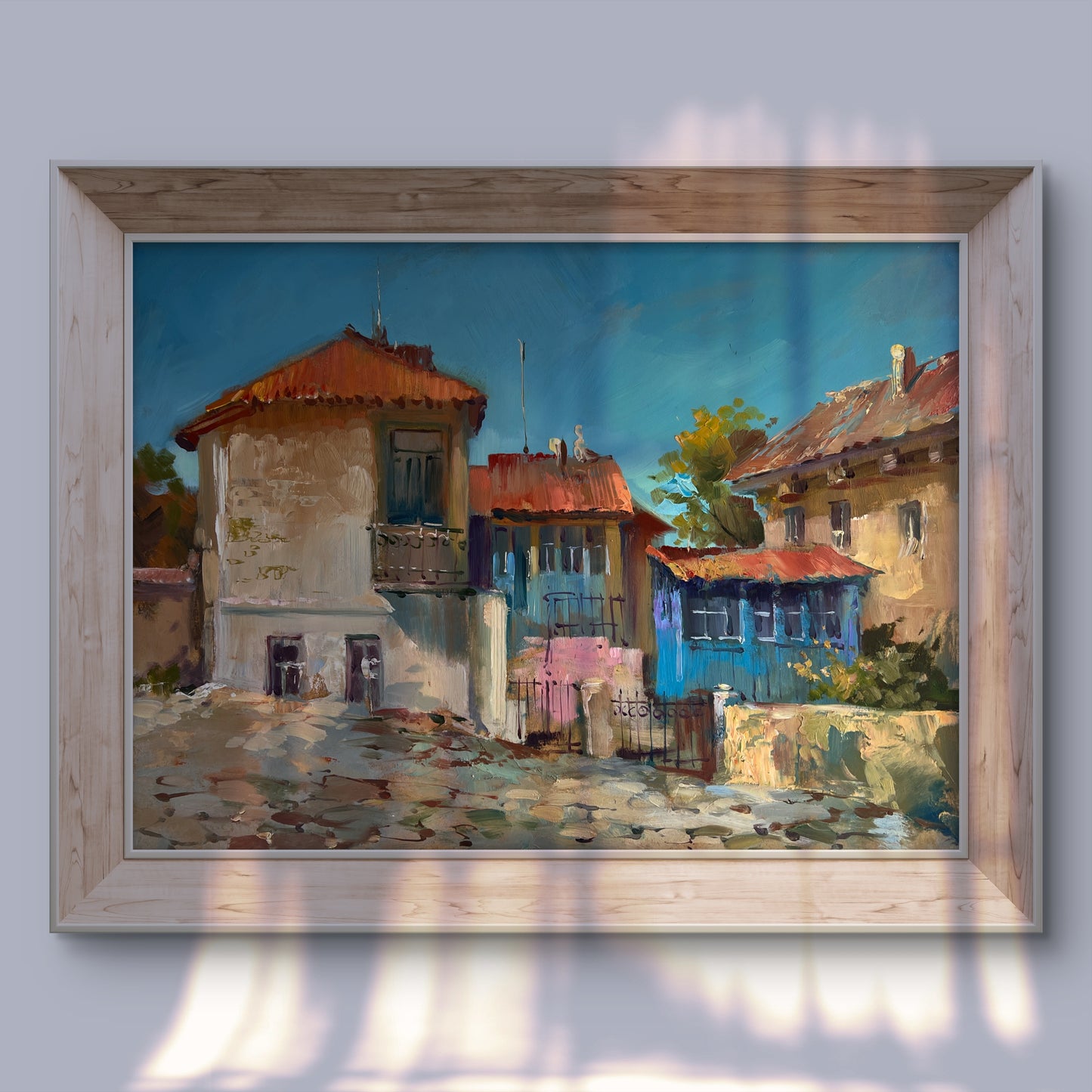 Oil painting Warm wind on the streets by Yuriy Suprunchuk, sunlit cobblestone street