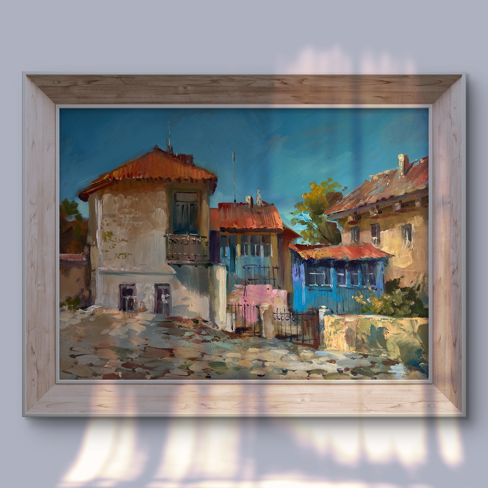 Oil painting Warm wind on the streets by Yuriy Suprunchuk, sunlit cobblestone street