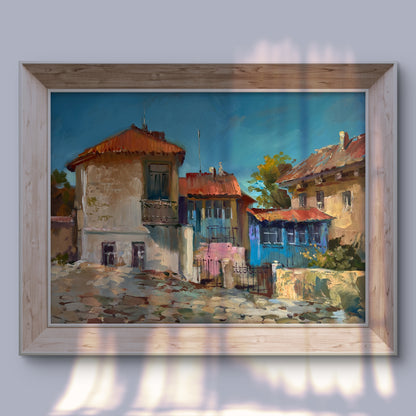Oil painting Warm wind on the streets by Yuriy Suprunchuk, sunlit cobblestone street