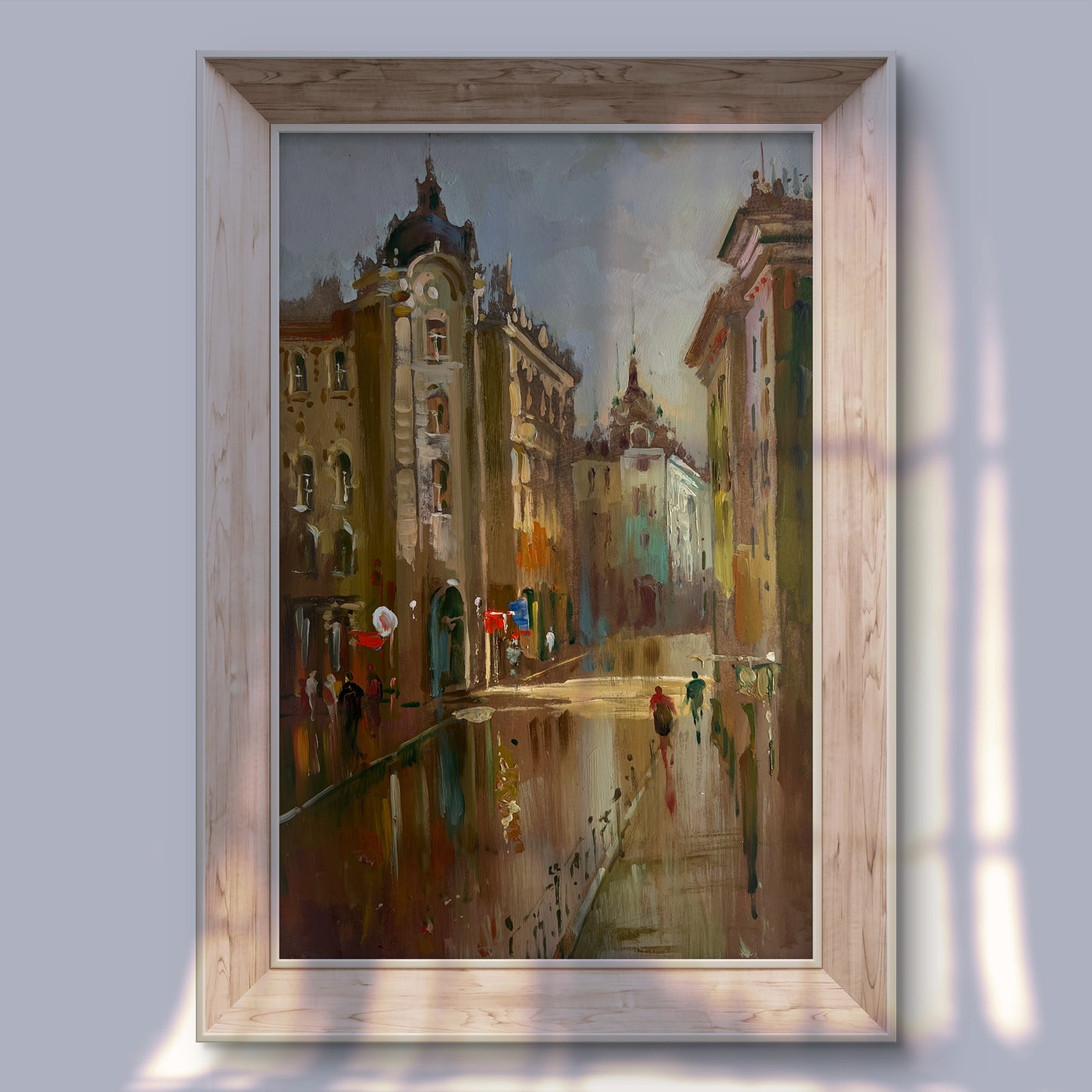 Framed oil painting of rainy old town street by Yuriy Suprunchuk