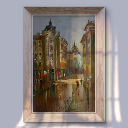Framed oil painting of rainy old town street by Yuriy Suprunchuk