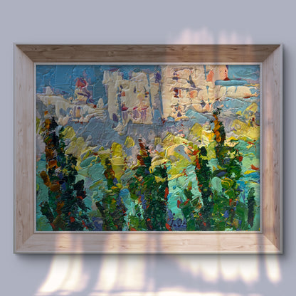 Oleksiy Ivanyuk Sunny summer city oil painting in light wood frame