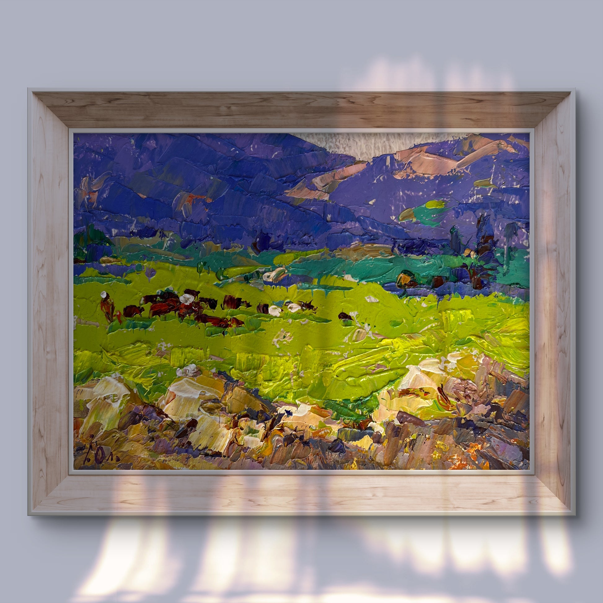 Oil painting In the spring meadows by Oleksiy Ivanyuk in light wood frame