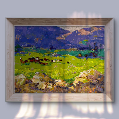 Oil painting In the spring meadows by Oleksiy Ivanyuk in light wood frame