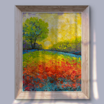 Oil painting The last rays over the forest by V. Zadorozhnya in light wood frame