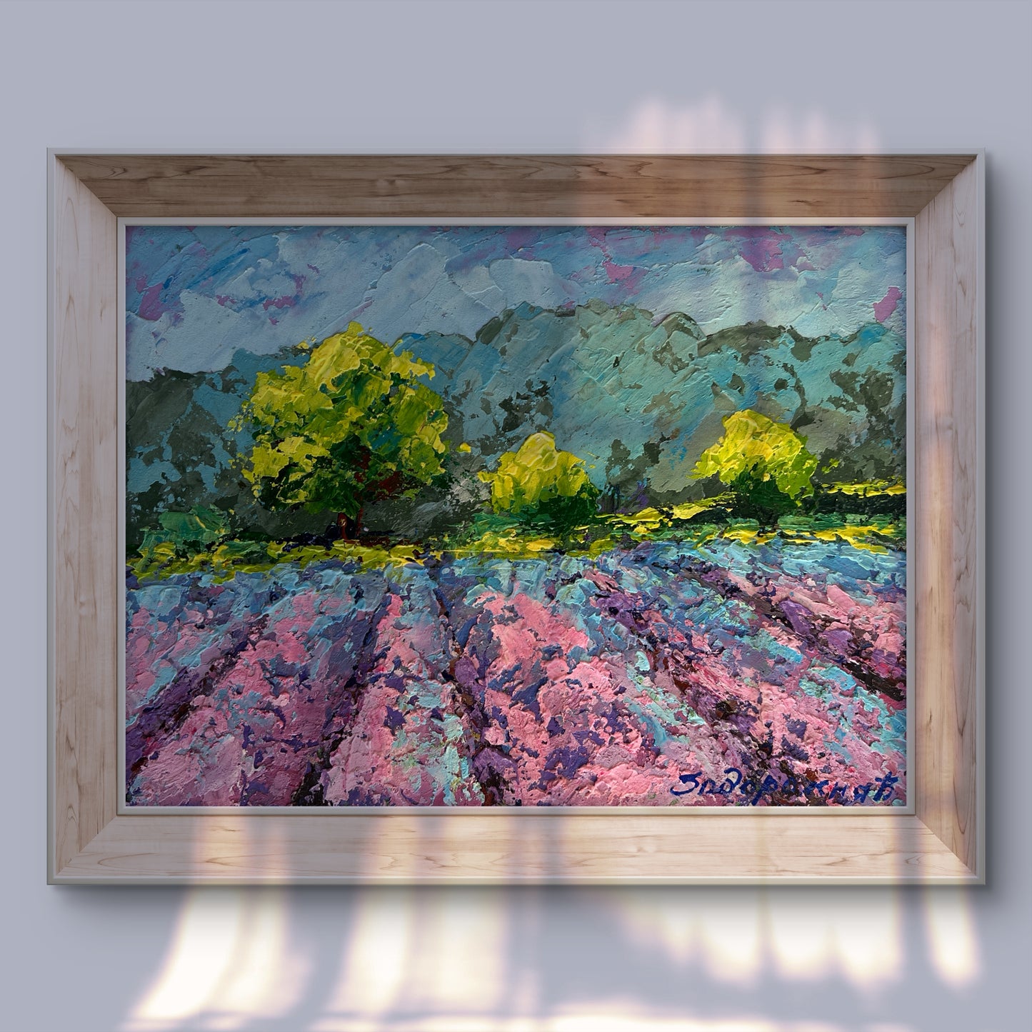Framed impressionistic oil painting of lavender field by V. Zadorozhnya