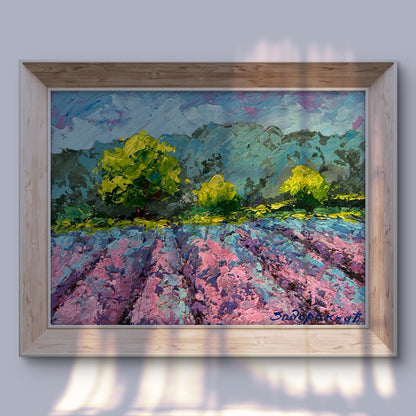 Framed impressionistic oil painting of lavender field by V. Zadorozhnya
