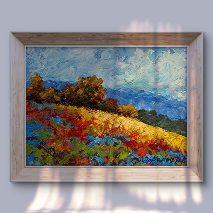 V. Zadorozhnya oil painting of autumn field in vibrant reds blues yellows framed