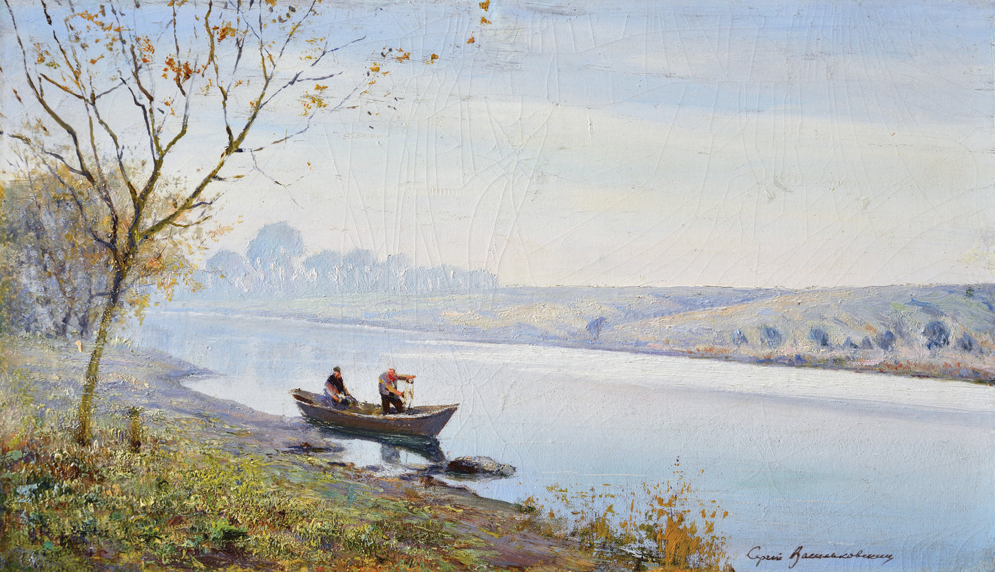 Serene 19th century oil painting by Serhii Vasylkivsky of rowboat on calm waters
