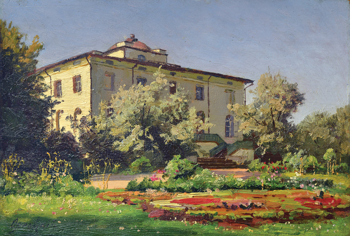 Serene yellow stone manor with red dome in lush gardens, Volodymyr Orlovsky oil painting